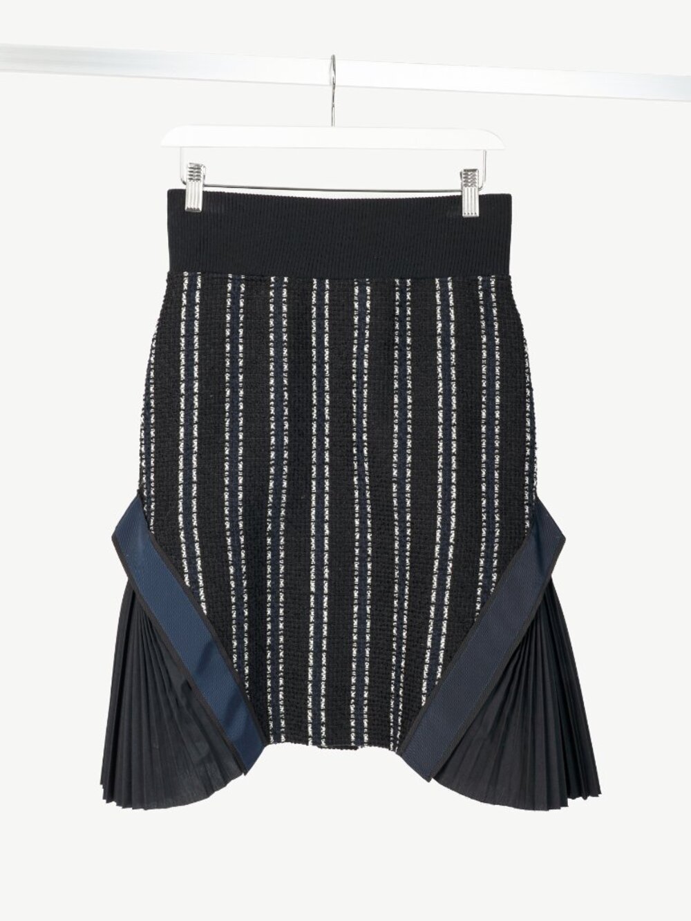 Sacai Luck R15 Black Striped Tweed Pleated-Trim Pencil Skirt